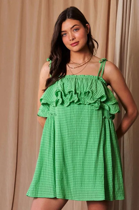 Davi & Dani Textured Jacquard Checker Fabric Ruffled Dress - Brittney MADE