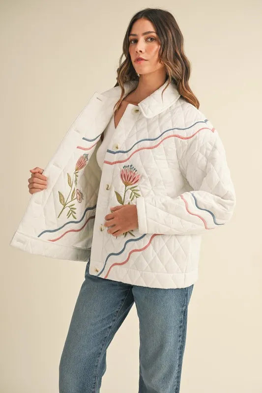 MABLE Floral Multi Color Embroidered Quilted Jacket - Brittney MADE