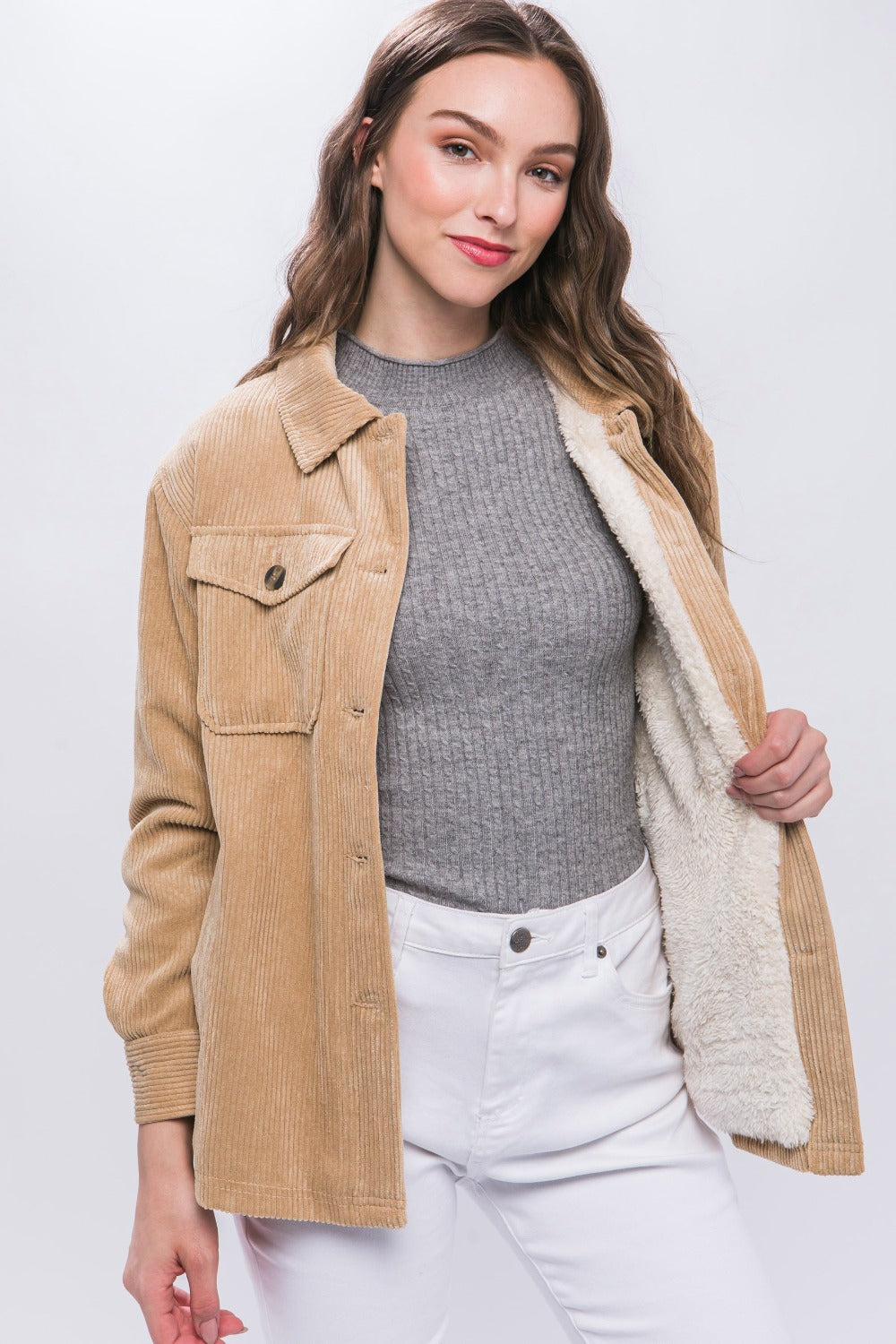 Love Tree Corduroy Button Up Jacket with Sherpa Inside - Brittney MADE