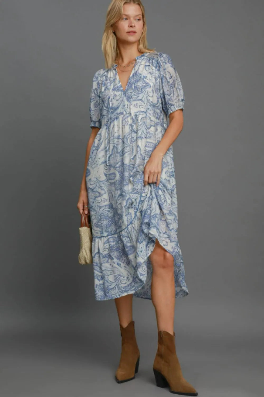 Umgee Full Size Printed Puff Short Sleeve Midi Dress Plus Size - Brittney MADE