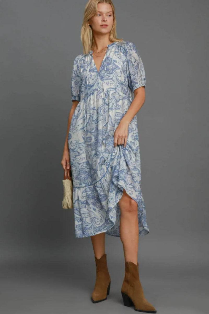 Umgee Full Size Printed Puff Short Sleeve Midi Dress Plus Size - Brittney MADE