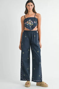 MABLE Linen Embroidered Scarf Top and Pants Set - Brittney MADE