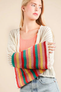 VERY J Color Block Bell Sleeve Openwork Cardigan - Brittney MADE
