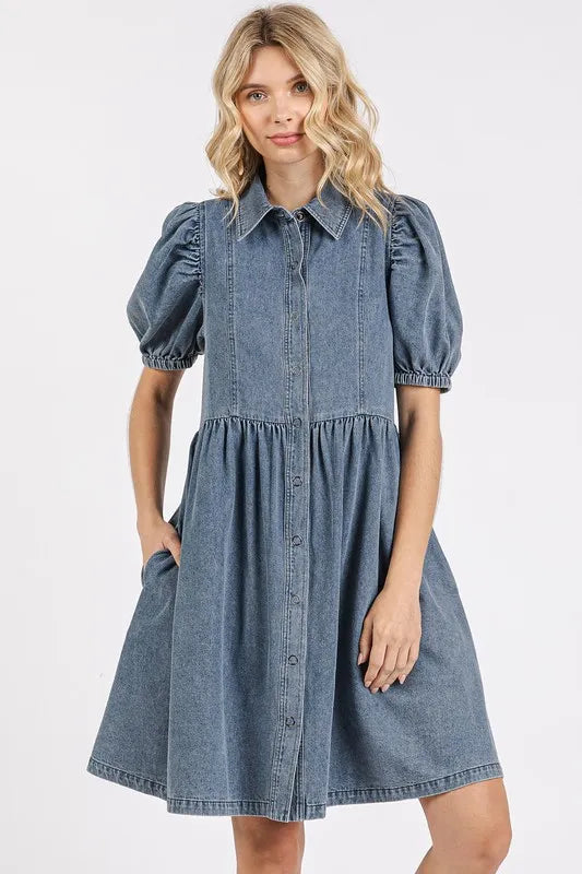Mittoshop Button Down Puff Sleeve Denim Dress - Brittney MADE