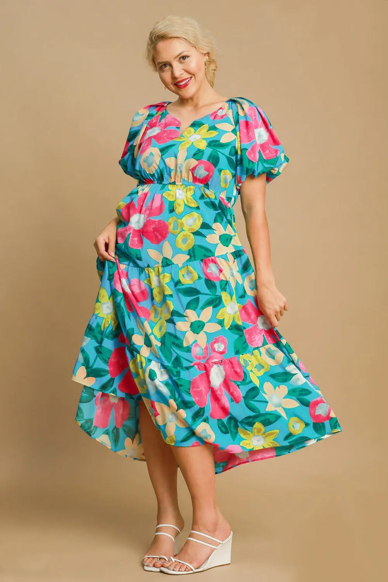 Umgee Full Size Tiered Floral Print Notched Puff Sleeve Midi Dress Plus Size - Brittney MADE