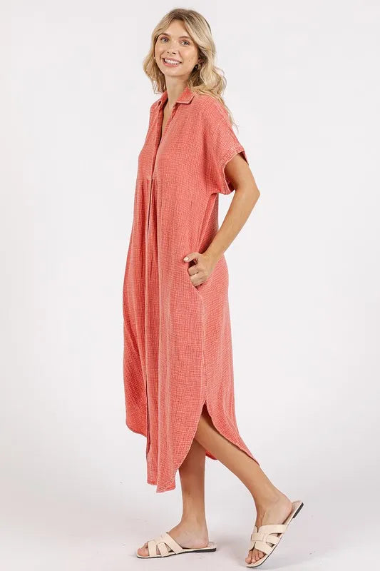 Mittoshop Mineral Wash V Neck Button Up Midi Shirt Dress - Brittney MADE