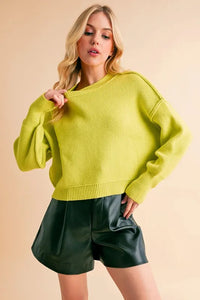 Aemi+Co Ribbed Hem Exposed Seam Round Neck Sweater - Brittney MADE