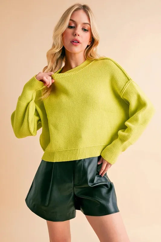 Aemi+Co Ribbed Hem Exposed Seam Round Neck Sweater - Brittney MADE