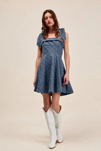 SO ME A Line Fit and Flare Diamond Bow Ribbon Denim Dres - Brittney MADE