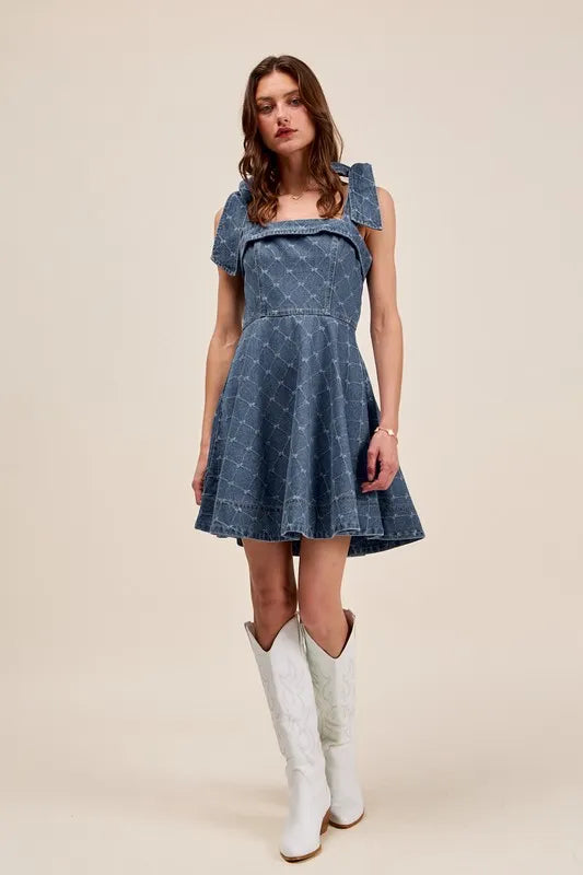 SO ME A Line Fit and Flare Diamond Bow Ribbon Denim Dres - Brittney MADE