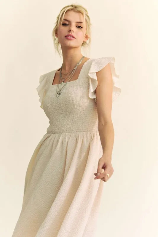 Davi & Dani Ruffled Cap Sleeve Smocked Midi Dress - Brittney MADE
