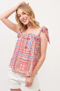 And The Why Ruffled Neck Tied Strap Boho Printed Swing Top - Brittney MADE