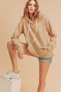 Aemi + Co Raw Hem Kangaroo Pocketed Drawstring Hoodie - Brittney MADE