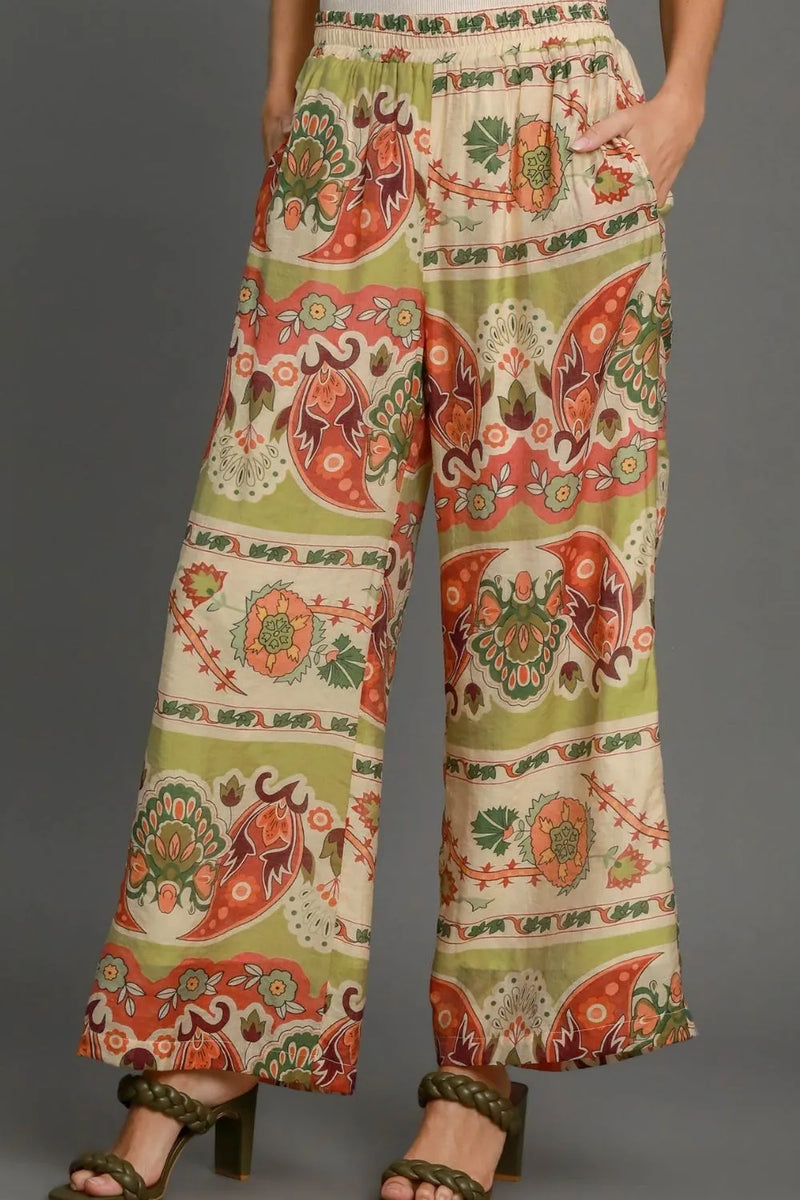 Umgee Full Size Wide Leg Border Print Pants Plus Size - Brittney MADE