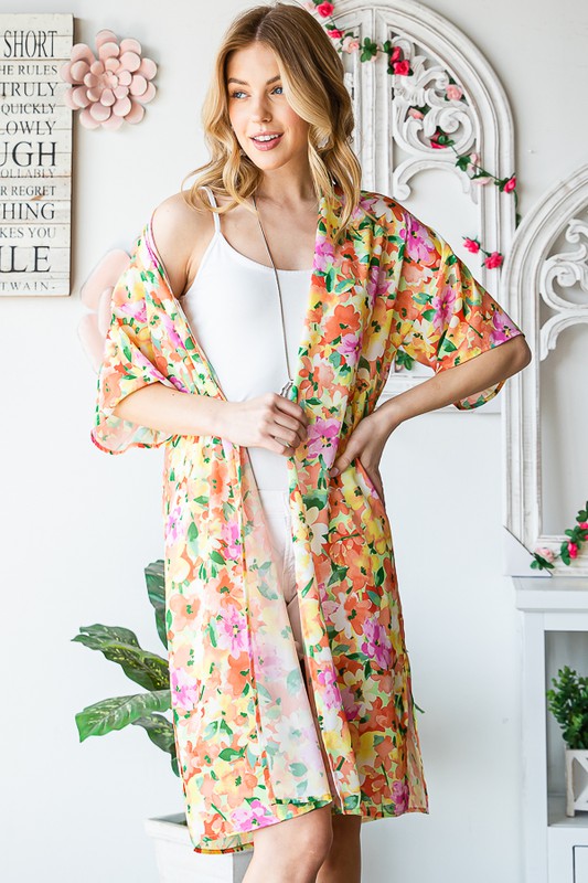 Heimish Full Size Half Sleeve Multi Color Floral Open Cardigan Plus Size - Brittney MADE
