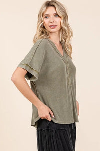 Mittoshop Mineral Wash Henley Short Sleeve Waffle Knit Top - Brittney MADE