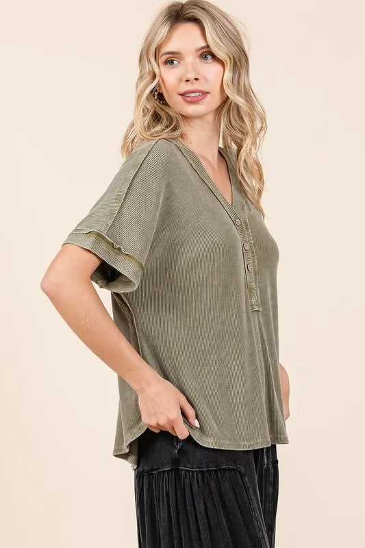 Mittoshop Mineral Wash Henley Short Sleeve Waffle Knit Top - Brittney MADE