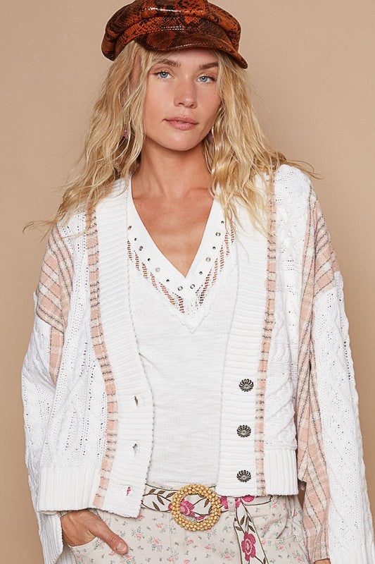 POL Cable-Knit Plaid V-Neck Button Up Cardigan - Brittney MADE