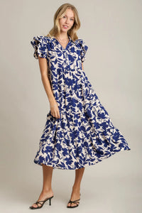 Umgee Full Size Floral Collared Ruffle Cap Sleeve Midi Dress Plus Size - Brittney MADE