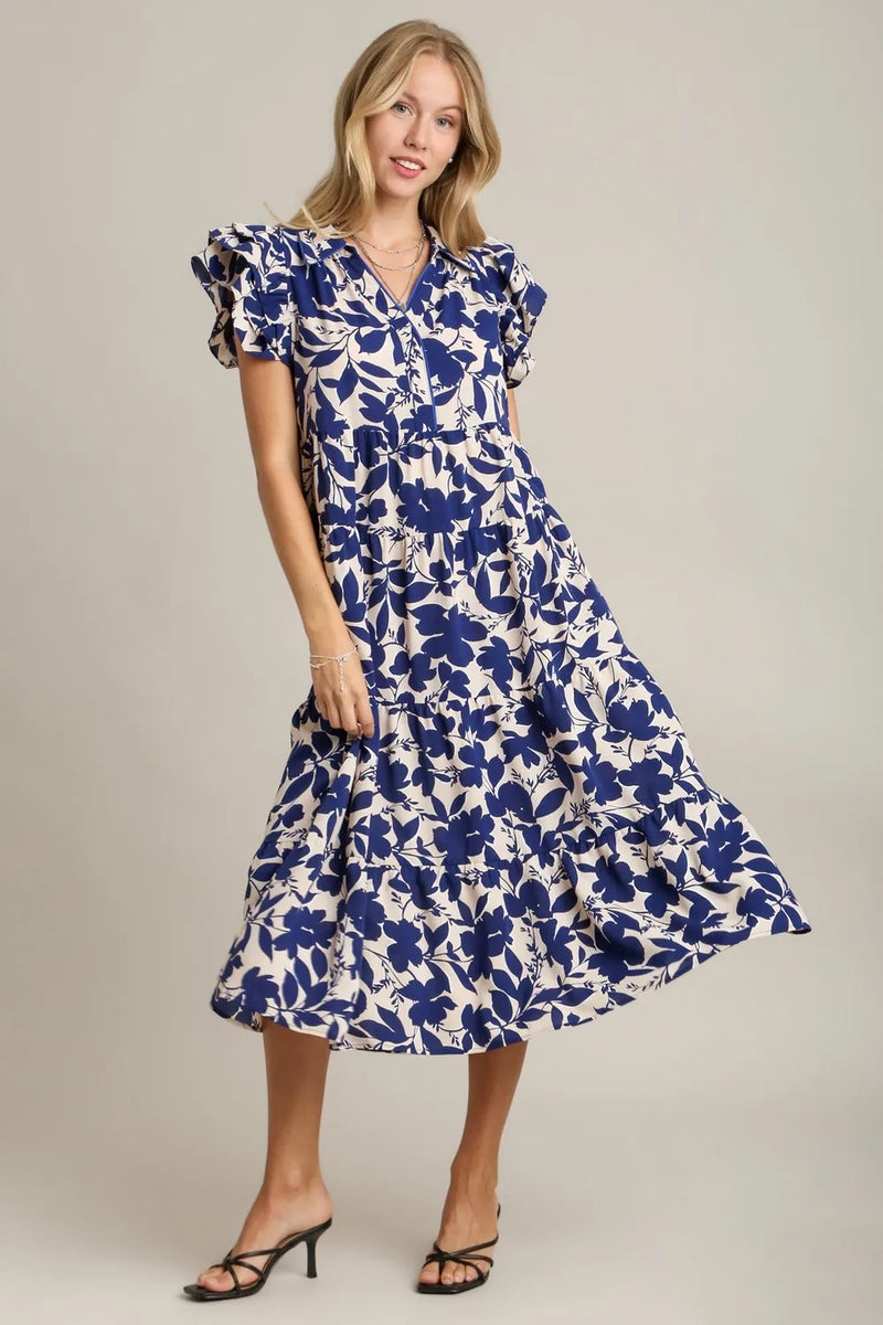 Umgee Full Size Floral Collared Ruffle Cap Sleeve Midi Dress Plus Size - Brittney MADE