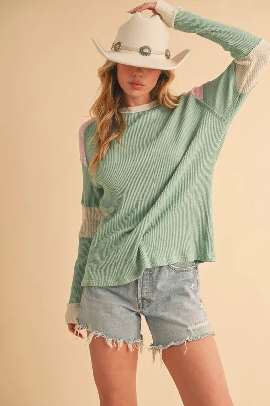 Aemi + Co Raw Seam Color Block Round Neck Knit Top - Brittney MADE