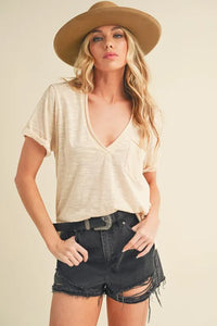 Aemi + Co Side Slit V-Neck Short Rolled Sleeve T-Shirt - Brittney MADE