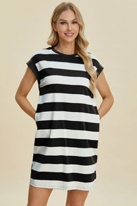 Basic Bae Full Size Striped Round Neck Cap Sleeve Mini Dress - Brittney MADE