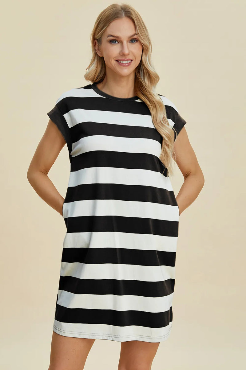 Basic Bae Full Size Striped Round Neck Cap Sleeve Mini Dress - Brittney MADE