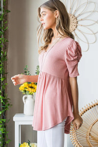 Heimish Full Size Waffle Knit V-Neck Babydoll Top - Brittney MADE