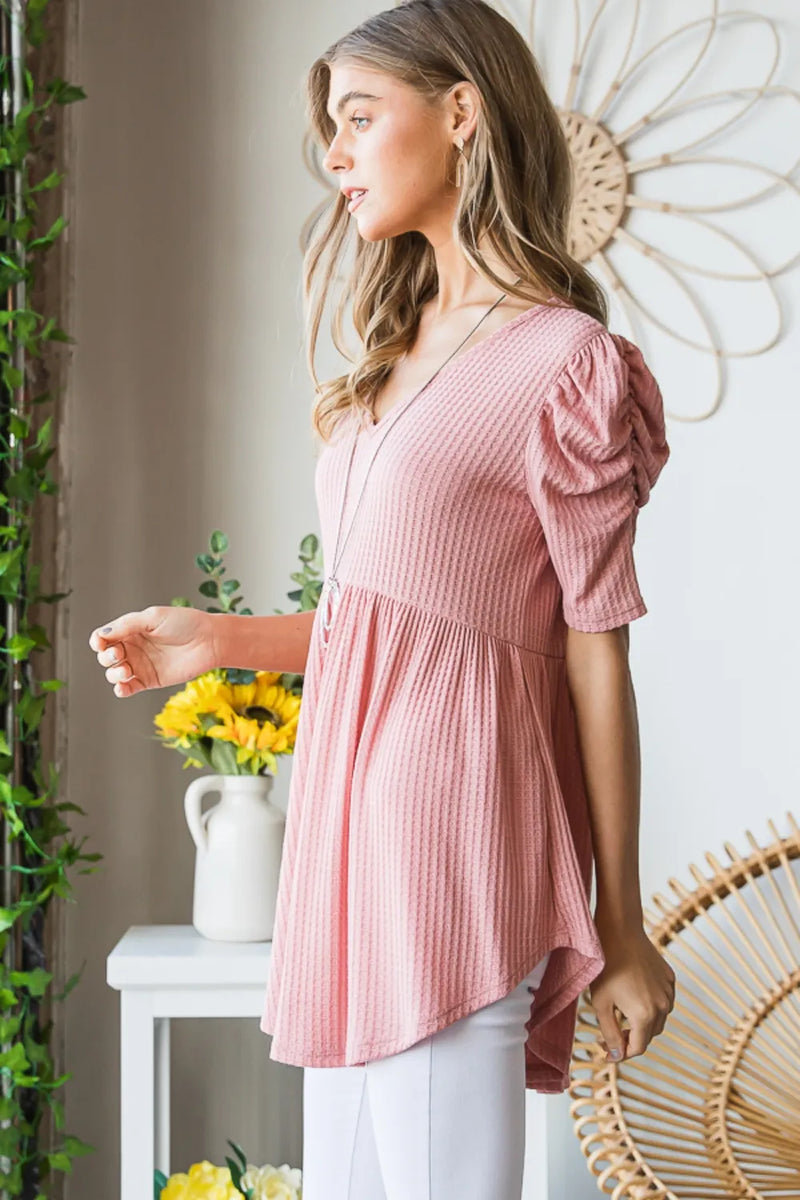 Heimish Full Size Waffle Knit V-Neck Babydoll Top - Brittney MADE