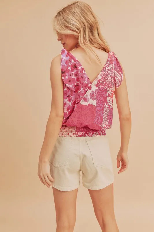 Aemi + Co Smocked Hem Printed Surplice Tank - Brittney MADE