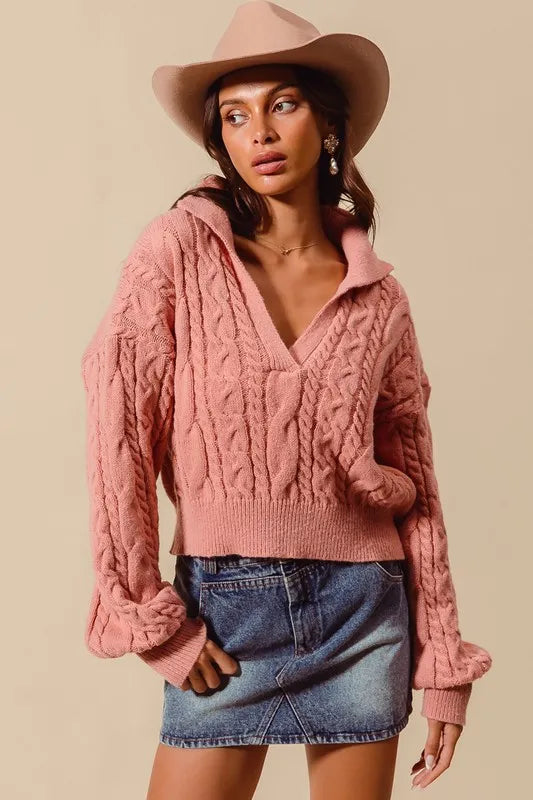 SO ME Cable Knit Deep V Neck Crop Swetaer Top - Brittney MADE
