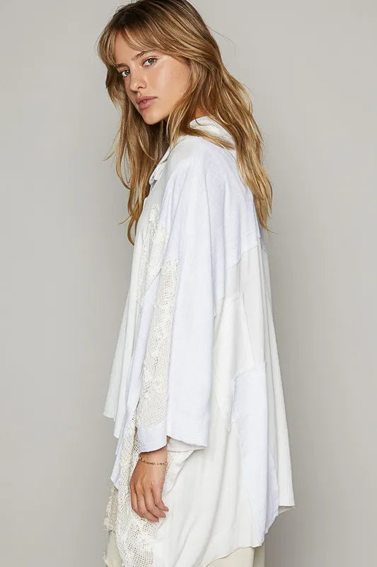 POL Crochet Patchwork Frayed Edge Half Button Knit Top - Brittney MADE