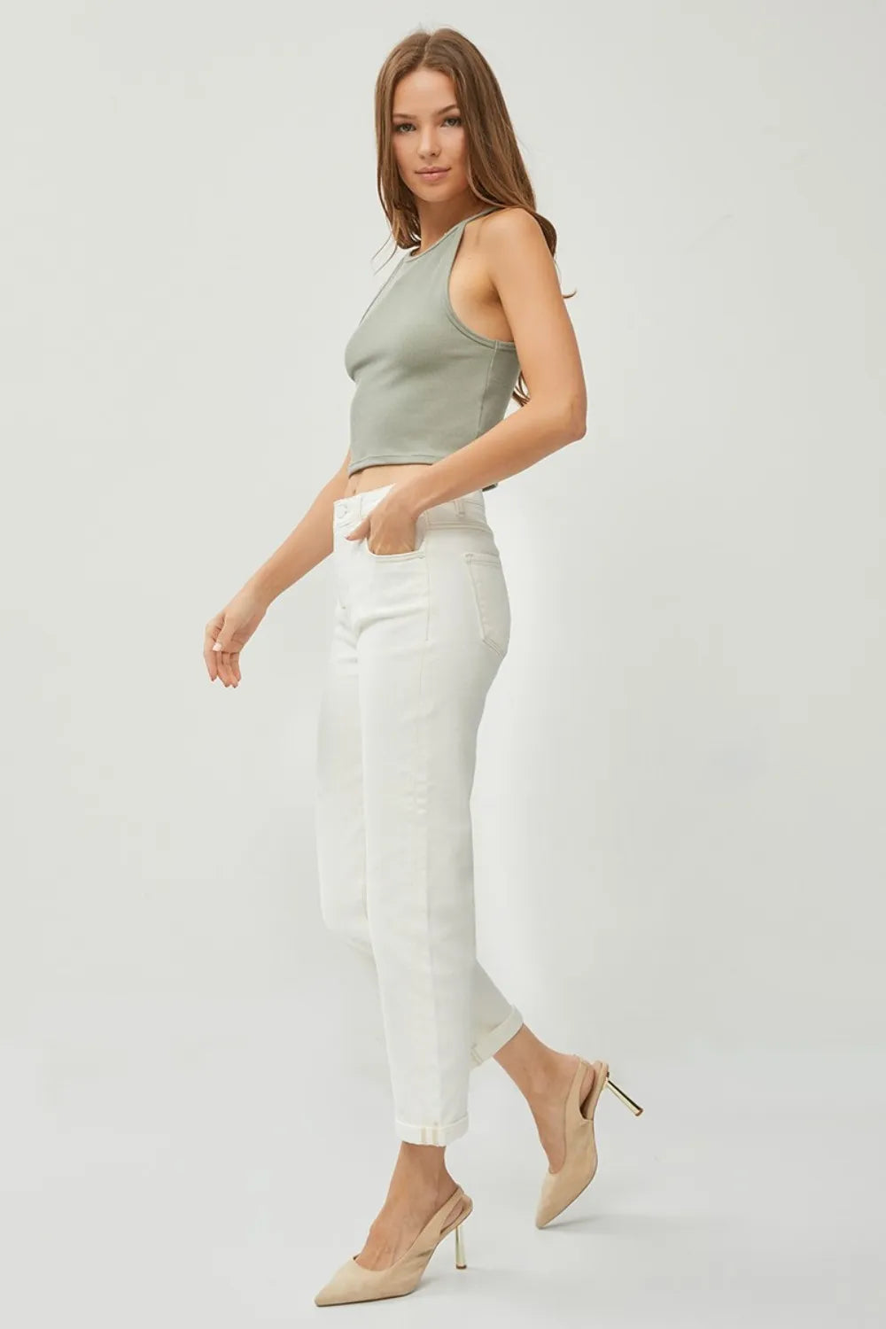 RISEN Full Size High Waist Rolled Hem Straight Jeans - Brittney MADE