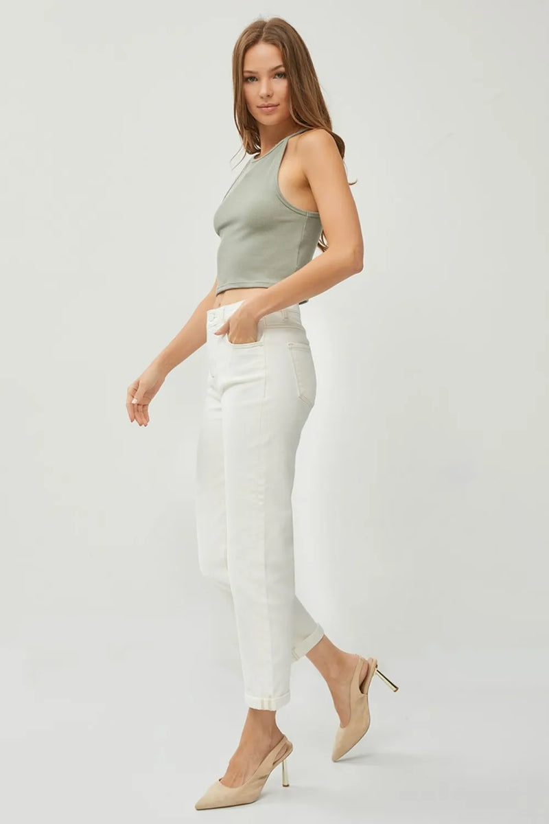 RISEN Full Size High Waist Rolled Hem Straight Jeans - Brittney MADE