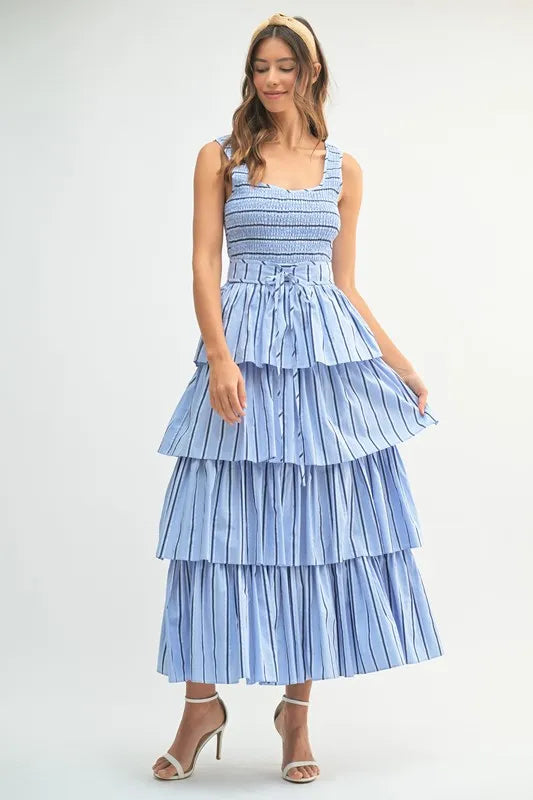 MABLE Pin Stripe Smocked Bodice Layered Midi Dress - Brittney MADE