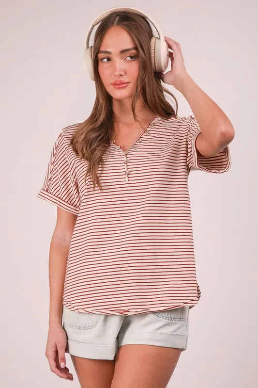 VERY J Striped V-Neck Short Sleeve T-Shirt - Brittney MADE