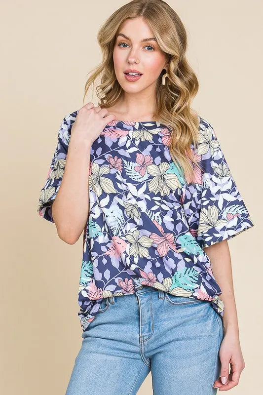 BOMBOM Floral Round Neck Short Sleeve T-Shirt - Brittney MADE