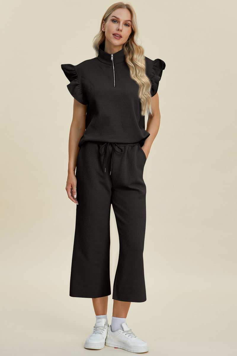 Double Take Full Size Texture Ruffle Short Sleeve Top and Wide Leg Pants Set - Brittney MADE