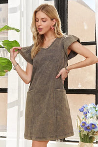 ADORA Mineral Washed V-Neck Ruffled Cap Sleeve Dress - Brittney MADE