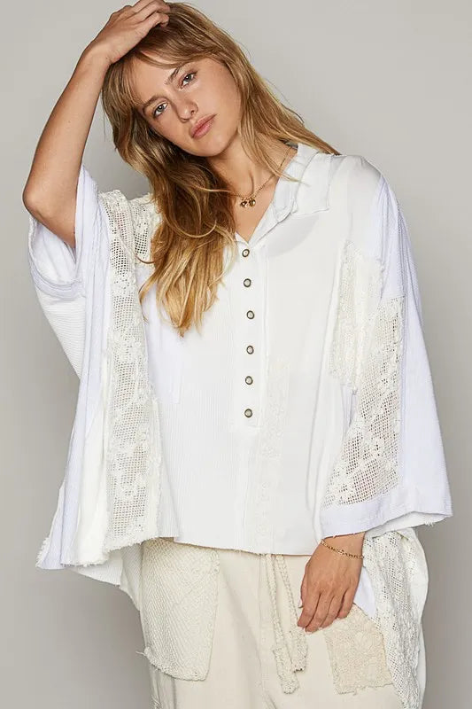 POL Crochet Patchwork Frayed Edge Half Button Knit Top - Brittney MADE