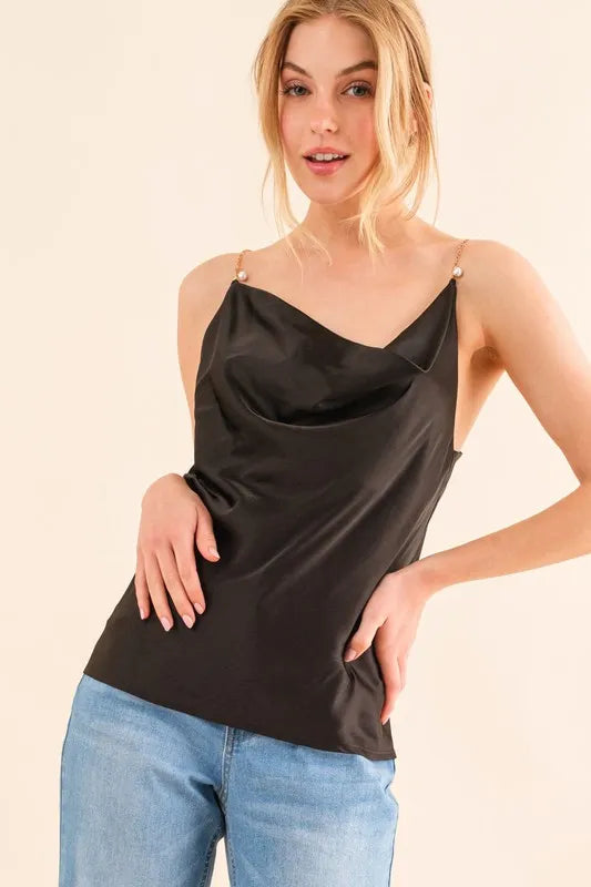 And The Why Faux Pearl Gold Chain Satin Casual Cami Top - Brittney MADE