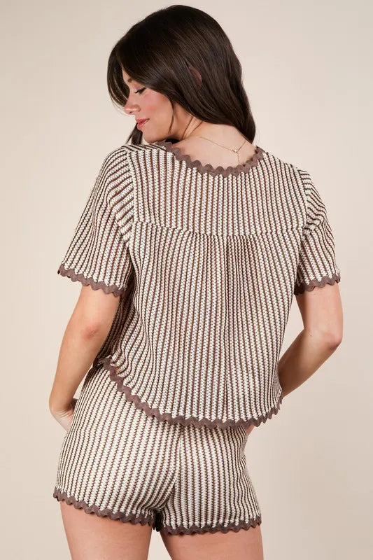 VERY J Wave Trim Detail Knit Top & Shorts Set - Brittney MADE