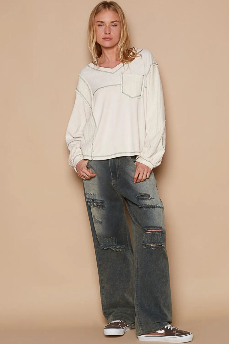 POL V-Neck knit Panel Exposed Seam Top - Brittney MADE