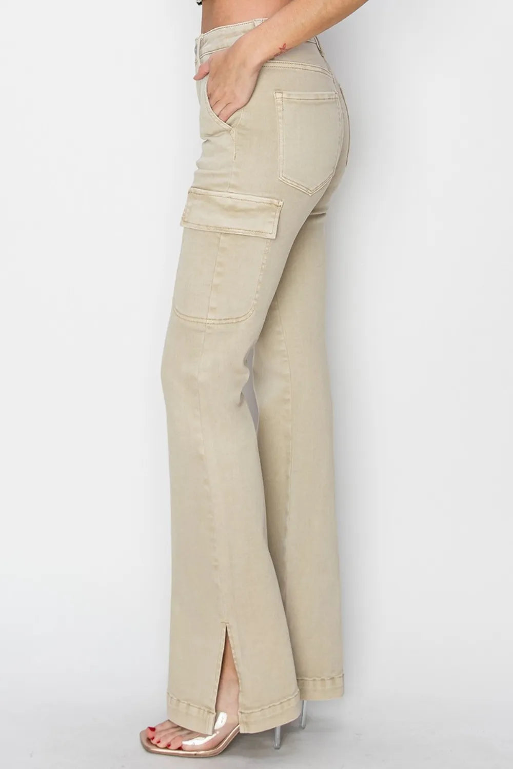 RISEN Full Size High Rise Side Slit Cargo Bootcut Jeans - Brittney MADE
