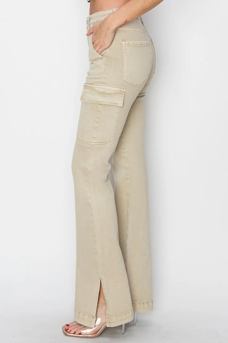 RISEN Full Size High Rise Side Slit Cargo Bootcut Jeans - Brittney MADE