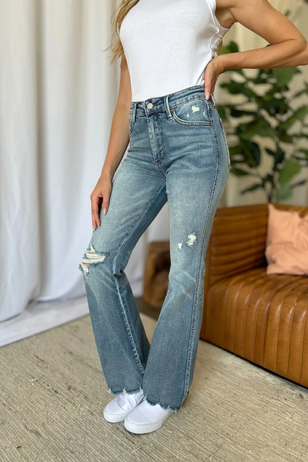 Judy Blue Full Size Medium Rise Tummy Control Destroy Flare - Brittney MADE