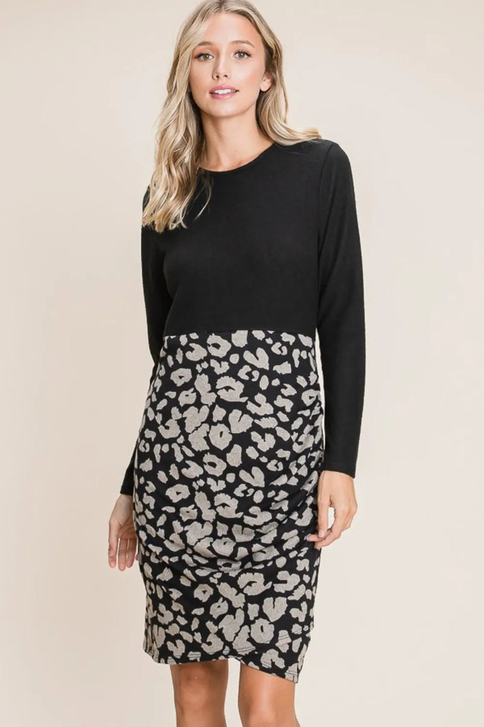 BOMBOM Leopard Color Block Knit Dress - Brittney MADE