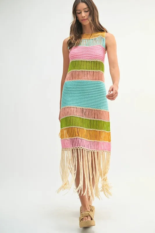 MABLE Multi Color Fringed Crochet Knit Dress - Brittney MADE