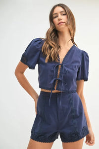 MABLE Crochet Lace Detail Crop Top and Shorts Set - Brittney MADE